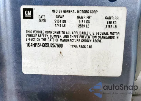 2005 Buick Lesabre Limited z USA, uszkodzony, nr VIN 1G4HR54K65U257600